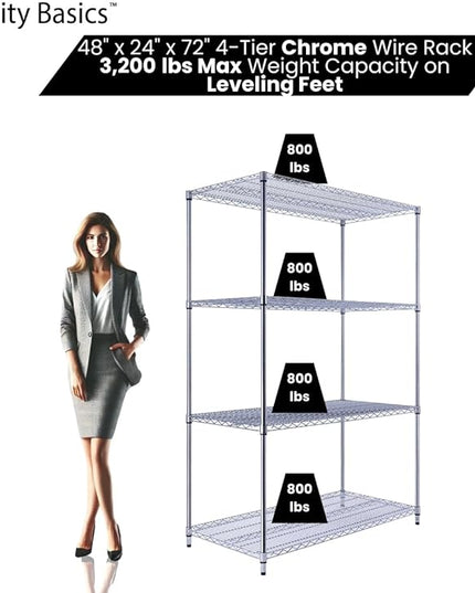 NSF Commercial 4-Tier Wire Shelving with Wheels, 48"x24"x72" Heavy Duty Metal Shelves 3200 lbs Max Capacity, Chrome Storage Rack for Garage Kitchen Pantry Warehouse