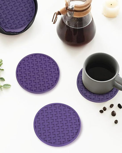 Purple Silicone Coasters with Holder, 4 Inches Non-Slip Decorative Cup Mats for Drinks, Heat Resistant & Waterproof Round Coaster Set of 6 for Home, Office, Kitchen, Bar Table