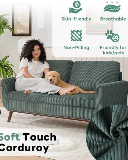 Tbfit 65" Corduroy Love Seat with Spring Cusions, Mid Century Modern Loveseat Sofa for Livingroom & Bedroom, Comfy Upholstered Small Couch