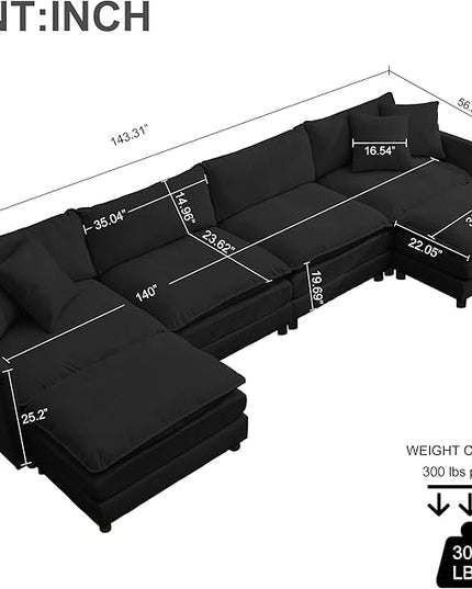 Modular Sectional Sofa,143.31'' Modern Sofa Sleeper Couch,Comfy Cloud Couches with 4 Seat & 2 Ottoman & 4 Pillows Sofa Set,Deep Seat Sofa with Movable Ottoman for Living Room,Chenille (Black,U shaped)