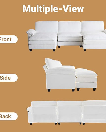 VINGLI 121" L Shape Sectional Couch, Convertible Sectional Couch for Small Living Room,Modern 3-Seat Convertible Loveseat Sofa with 2 Ottoman in Corduroy,White