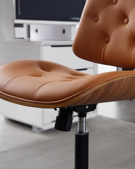 Armless Home Office Chair with Wheels, PU Leather Adjustable Height Computer Desk Chair, 360 Swivel Small No Arms Chair, Modern Button Walnut Style for Office, Reading Meeting Room(Brown)
