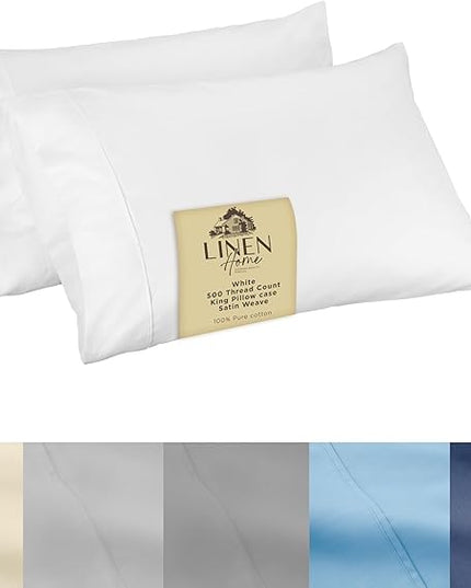 Linen Home 500 Thread Count King Pillowcase Set | 100% Long-Staple Cotton Pillow Cases | Soft & Smooth Luxury Satin Set of 2 Pillowcases | 4 Inch Z Hem | White