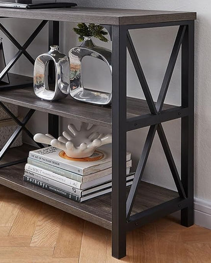 LVB Rustic Console Table, Industrial Modern Sofa Table Behind Couch, Long Metal Wood Entryway Table with Storage Shelf, Farmhouse Foyer Hallway Table for Home Living Room Bedroom, Dark Gray Oak, 63 in