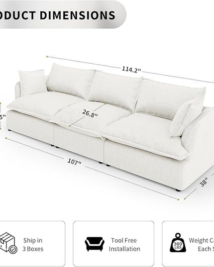 Cloud Modular Sectional Sofa, 3 Seater Convertible Deep Seat Sectional Couch, Cozy Down Fill Sofa, Detachable Couch Cushion Covers, Corner Sofa for Living Room, Office, Cream White