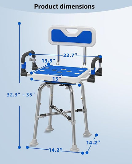 Swive Shower Chair with Arms and Back Heavy Duty 500 lbs for Seniors Elderly Disabled or Bariatric Adults Bench Seat for Inside Shower Stall and Bathroom Bath Tub Seats Adjustable Stool