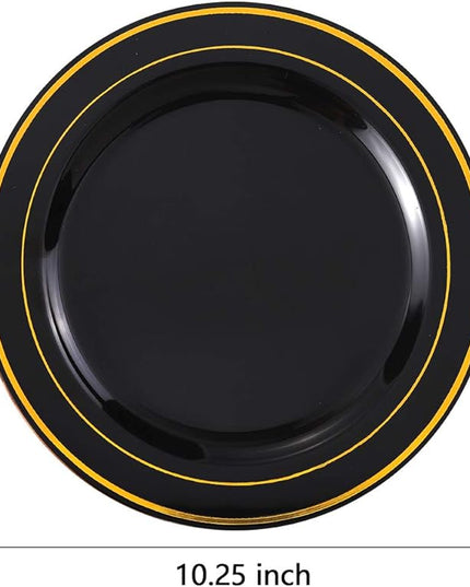 bUCLA 100 Pieces Black and Gold Plastic Dinner Plates - 10.25 inch Black Disposable Plates with Gold Rim - Ideal for Party, Graduation & New Year