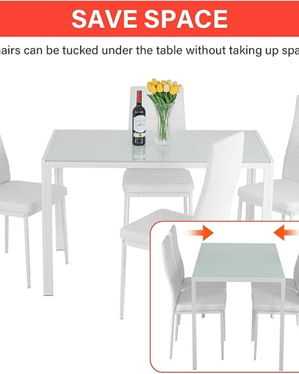 FDW | 5-Piece Dining Table Set | White | Glass Kitchen Table with 4 Upholstered Chairs and Faux Leather Cushions | Space-Saving and Modern Design | for Dining Room, Easy to Assemble