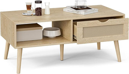 Coffee Table with Storage, Boho Dining Table with Rattan Drawer and Solid Wood Legs, Small Coffee Tables for Living Room, Oak