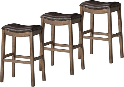 Maven Lane Adrien Backless Bar Stool – Set of 3 – 31 Inch Saddle Seat with Footrest – Brown Solid Wood Frame & Beige Faux Leather Upholstery – Ideal for Bars, Pub Tables & Tall Kitchen Counters
