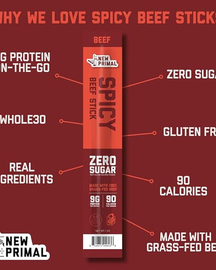 The New Primal Grass-Fed Spicy Beef Sticks, Keto, Gluten Free Healthy Snacks for Adults, Sugar Free Low Carb High Protein Snack, Paleo Whole30 Jerky Stick, 9g Protein, 20 Ct