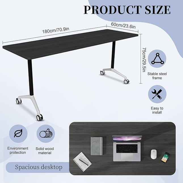 Conference Table, Folding Conference Room Tables, Modern Flip Top Seminar Training Meeting Table with Wheels, Modular Foldable Conference Tables for Home Office Classr (Black 2 Pack, 70.8inch)