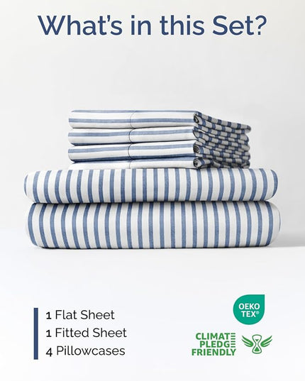 Extra Deep Cal King Sheet Set - 6 Piece Breathable & Cooling Sheets - Hotel Luxury Bed Sheets Set - Easy Fit - Soft, Wrinkle Free & Comfy Sheets Set - Blue Striped Sheet Set with Extra Deep Pockets