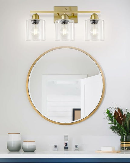 Modern Brushed Gold 3 Light Bathroom Light Fixtures, 19 inch Vanity Lights for Bathroom with Clear Glass, Bathroom Lighting Fixtures Over Mirror for Mirror Kitchen Living Room