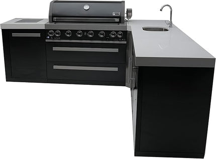 Mont Alpi MAi805-BSS90BEV Burner 115000 BTU L-Shaped 90 Degree Corner Black Stainless Steel Gas Modular Outdoor Kitchen Island BBQ Grill with Beverage Center Refrigerator + 2 Infrared Burners +Storage