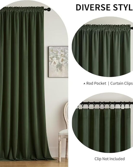 Joydeco Dark Olive Velvet Curtains 63 inch Length 2 Panels, Luxury Blackout Rod Pocket Thermal Insulated Window Curtains, Super Soft Room Darkening Drapes for Living Room Bedroom,W52 x L63 inches