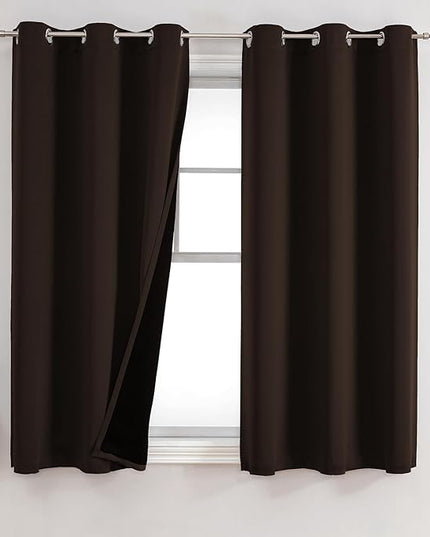 ChrisDowa 100% Blackout Curtains for Bedroom with Black Liner, 2 Thick Layers Total Blackout Thermal Insulated Grommet Small Window Curtains 2 Panels Set (Brown, 42 x 45 Inch)