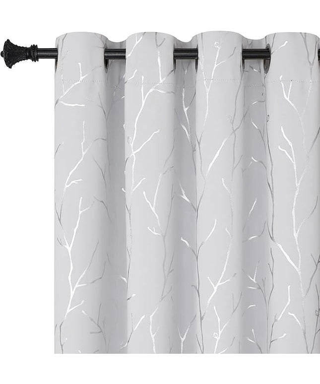 BUHUA White Black Out Curtains 63 Inch Long 2 Panels, Soundproof Curtains with Elegant Silver Tree Branches Print, Window Treament for Livingroom, 52W x 63L, Greyish White