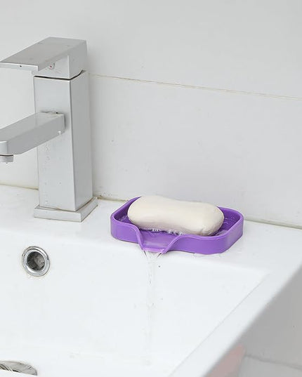 Silicone Bathroom Soap Dishes with Drain Spout-Bathroom and Kitchen Sink Organizer,Sponge Holder,Dish Soap Tray,Perfect for Dispenser,Scrubber,Bottle,Cup on Sink or Counter-Purple 4.9"×3.2"