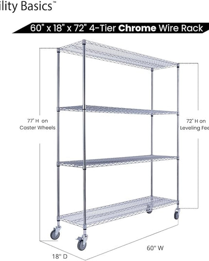 NSF Commercial 4-Tier Wire Shelving with Wheels, 60"x18"x72" Heavy Duty Metal Shelves 3200 lbs Max Capacity, Chrome Storage Rack for Garage Kitchen Pantry Warehouse