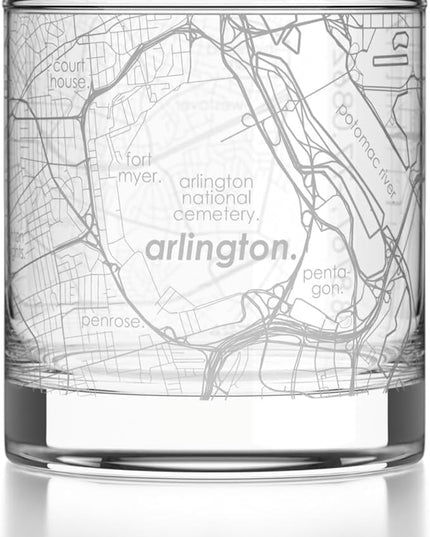 Well Told Engraved Arlington Virginia Map Rocks Glass, Old Fashioned Glassware (11 oz, Clear) Etched Bourbon Tumbler, Gifts For Whiskey Lovers