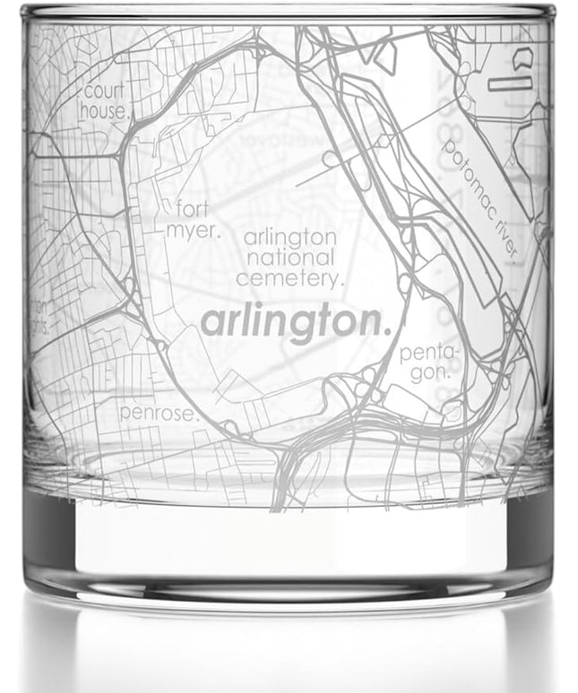 Well Told Engraved Arlington Virginia Map Rocks Glass, Old Fashioned Glassware (11 oz, Clear) Etched Bourbon Tumbler, Gifts For Whiskey Lovers