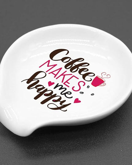Funny Coffee Quote Colored Pattern Ceramic Coffee Spoon Holder-Coffee Spoon Rest -Coffee Station Decor Coffee Bar Accessories-Coffee Lovers Gift for Women and Men (Coffee Makes Me Happy)