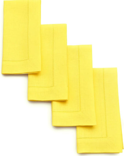 Solino Home Sunshine Yellow Linen Napkins Set of 4-100% Pure Linen Hemstitch Dinner Napkins 20 x 20 Inch - Classic Hemstitch