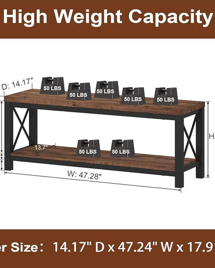 BON AUGURE Entryway Bench with Storage, 2 Tier Wood Metal Shoe Bench, Storage Benches for Bedroom, Entrance, Hallway, Mudroom, Indoor (47 inch Wide, Rustic Oak)