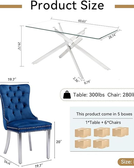 60" Glass Dining Table Set for 6, Modern Dining Room Table Set for 6, Silver X-Shape Pedestal Glass Table with 6pcs Blue Dining Chairs, 7 Piece Dining Set for Dining Living Room