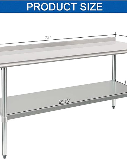 HARDURA Stainless Steel Table Prep & Work Table 24 x 72 Inches NSF Heavy Duty Commercial with Undershelf and Backsplash for Restaurant Kitchen Home and Hotel