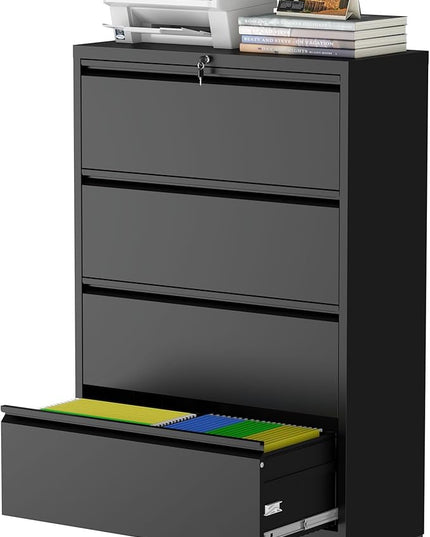 4 Drawer Lateral File Cabinet with Lock, Metal File Cabinet, Lateral File Cabinets for Home Office, Heavy Duty File Storage Cabinet for Legal/Letter/A4 Document, Assembly Required, Black