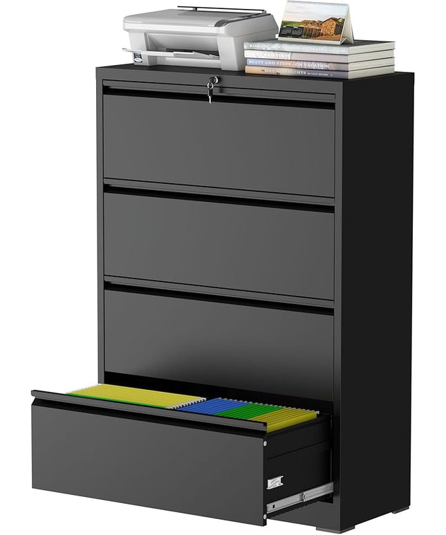 4 Drawer Lateral File Cabinet with Lock, Metal File Cabinet, Lateral File Cabinets for Home Office, Heavy Duty File Storage Cabinet for Legal/Letter/A4 Document, Assembly Required, Black