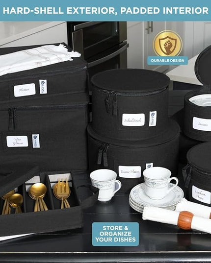 Hard Shell China Storage Containers 8-Piece Set Moving Boxes for Dinnerware, Glasses, Plates, Mugs and Saucers Sturdy Dish Organizer with Dividers for Seasonal Storage - Service for 12 - Black