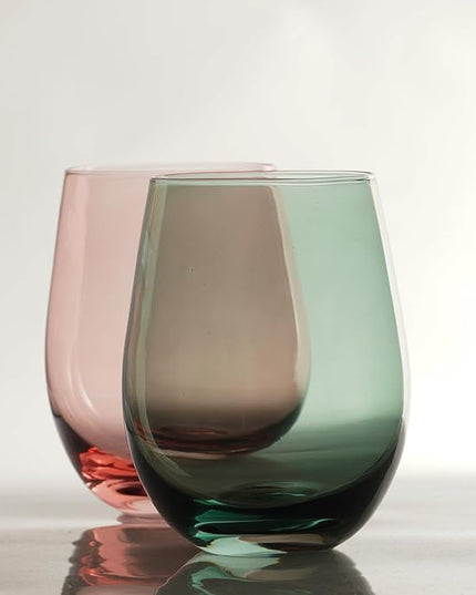 Colored Stemless Wine Glasses for Red or White Wine (Set of 2), 18-Ounces, Large Wine Glasses for Cabernet, Pinot Noir, Burgundy, Bordeaux (Red&Green O Wineglass Set of 2)