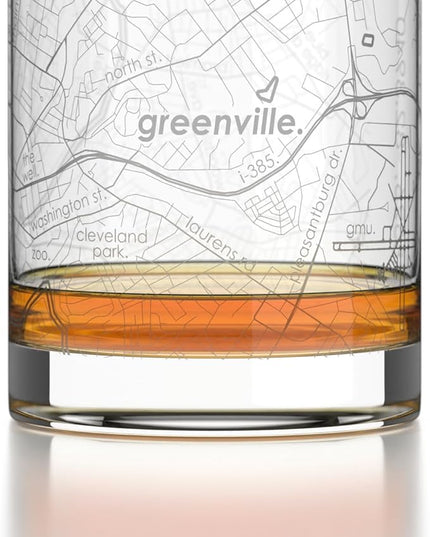 Well Told Engraved Greenville South Carolina Map Rocks Glass, Old Fashioned Glassware (11 oz, Clear) Etched Bourbon Tumbler, Gifts For Whiskey Lovers