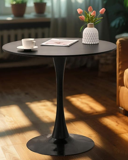 Round Table,31.5" Modern Dining Table for 2-4 People with MDF Top&Metal Pedestal Base,Coffee Table Thickened Tabletop for Dining Room/Kitchen/Living Room,Black