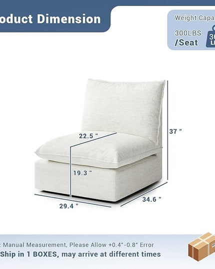 Cloud Middle Sectional, Waterproof Down Filled Sectional Sofa, High Backrest Modular Sectional Couches for Living Room, Modern Modular Couch with Removable Cover, Cream White