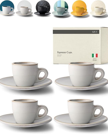 KIVY 3 oz Espresso cups set of 4 - Thick walled stoneware espresso cup set - Italian style espresso cups and saucers - Demitasse cups set of 4 - Small coffee mugs - Demitasse cups and saucers sets