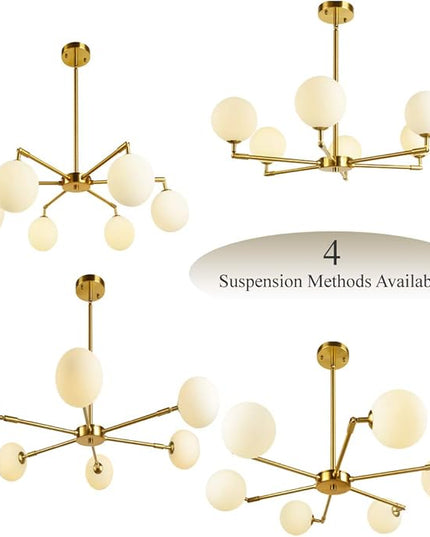 6-Lights Globe Mid Century Chandelier Modern Sputnik Pendant Light Fixture with G9 Bulb Brushed Brass Finished with White Globe Glass Lampshade Dining Kitchen Island Bedroom Lighting (Gold)