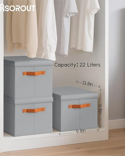 Storage Bins with Lids - Fabric Storage Baskets for Shelves, 4 Pack Foldable Decorative Boxes with Handles, Stackable Organizer Bins for Home, Nursery, Dorm, Grey