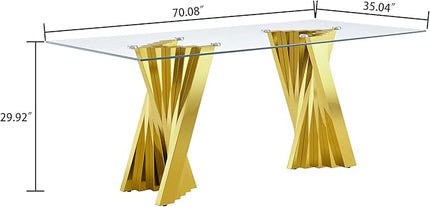 70" Glass Dining Table for 6, Modern Tempered Glass Kitchen Table, Rectangular Dining Room Table with Gold Stainless Steel Base Dinner Tables for Kitchen Home Office