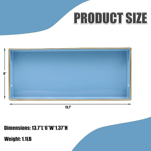 Blue Bathroom Vanity Tray for Countertop, Small Plastic Toilet Tank Versatile Storage & Organization Tray for Makeup, Perfume, Desk, Kitchen, Candles, 13.7"x6"x1.4", 35BL
