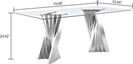 70" Glass Dining Table,Silver Dinner Room Glass Table for 6 8,Modern Kitchen Dinner Table with Stainless Steel Base and Clear Tempered Glass Top for Living Dining Room