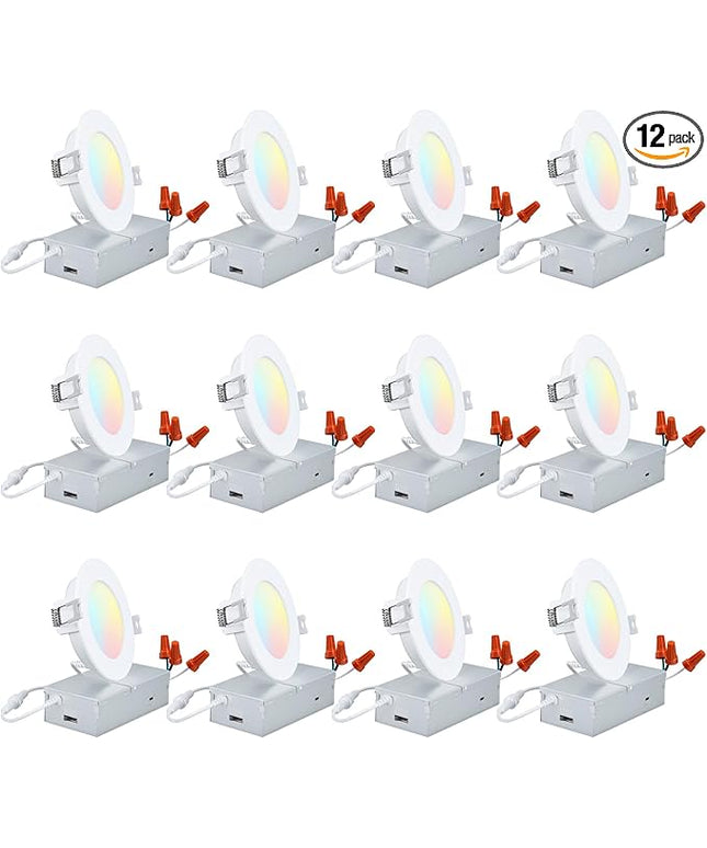 TORCHSTAR 12-Pack 4 Inch 5CCT LED Recessed Lighting, CRI 90, 2700K3000K3500K4000K5000K Selectable, Dimmable 700lm Brightness Slim LED Downlight, ETL Listed