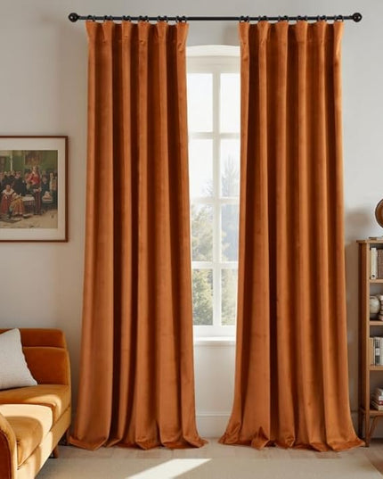 KOUFALL Burnt Orange Velvet Fall Blackout Curtains for Living Room,84 Inch Long Black Out Bohemian Retro Mid Century Modern Curtain Drapes for Dining Room Bedroom 84 in Length 2 Panels Set