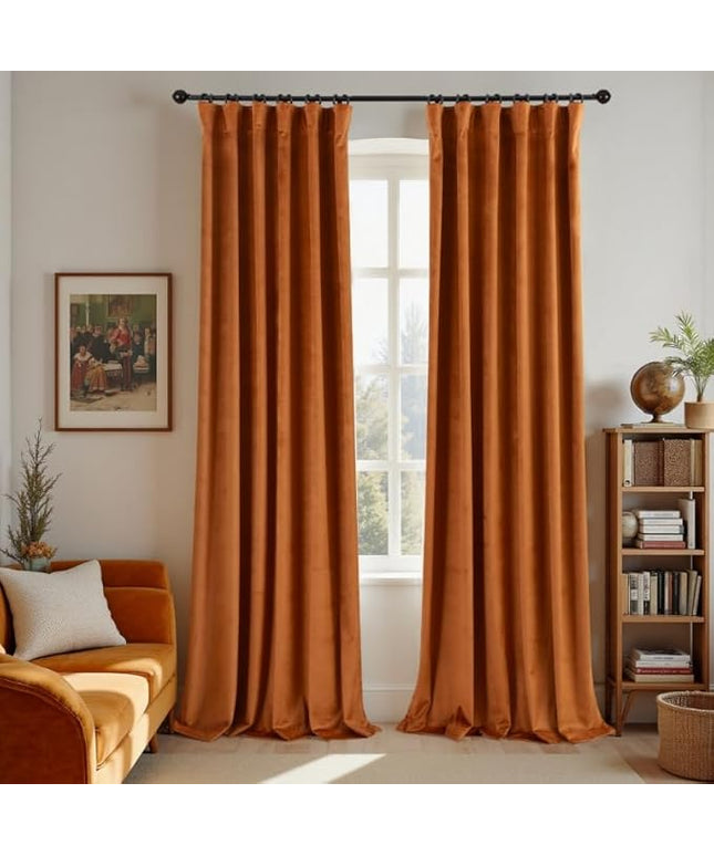 KOUFALL Burnt Orange Velvet Fall Blackout Curtains for Living Room,84 Inch Long Black Out Bohemian Retro Mid Century Modern Curtain Drapes for Dining Room Bedroom 84 in Length 2 Panels Set