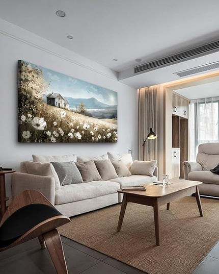 Wapluam Canvas Wall Art For Living Room Large Wall Decor For Bedroom Field Scenery Watercolour Flowers Wall Paintings Office Decorations Old House Pictures Artwork Home Decor Ready To Hang 48L x 24W
