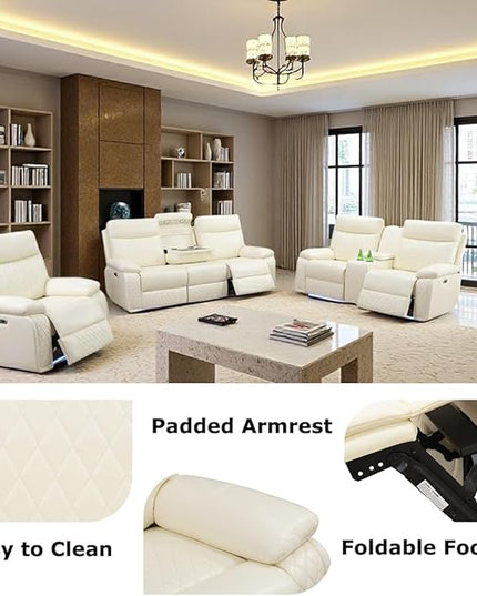 Power Recliner Chair Set, Leather Reclining Sectional Couch with Adjustable Angle, Living Room Furniture Sets, Modern Reclining Single Chair with Comfy Armrests for RV, Vanilla White