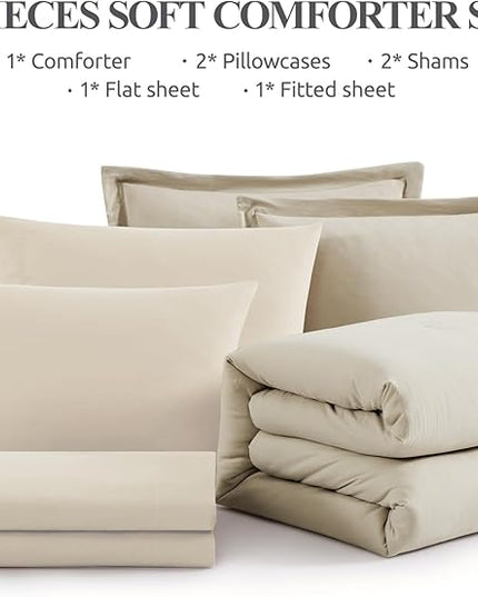 WRENSONGE Light Oatmeal Queen Comforter Set, 7 Pieces Soft Microfiber Comforters Queen Size with Fitted Sheet, Flat Sheet, 2 Pillow Shams, and 2 Pillowcases- Warm Bedding Sets Queen for All Season